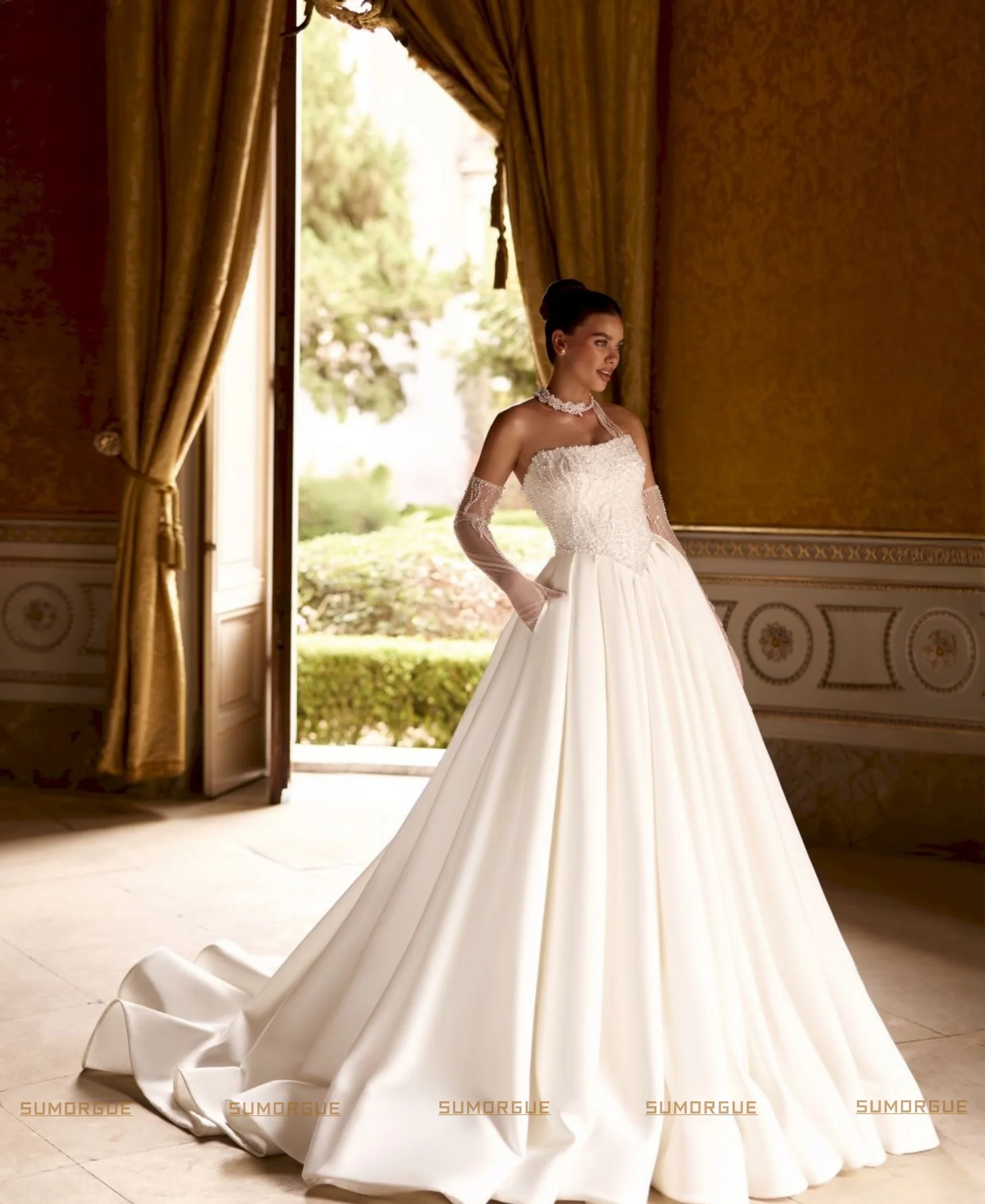 Strapless Lace Beading Wedding Dresses A Line Satin Court Train Sexy Off The Shoulder Brida highend Customized Vestidos De Noiva