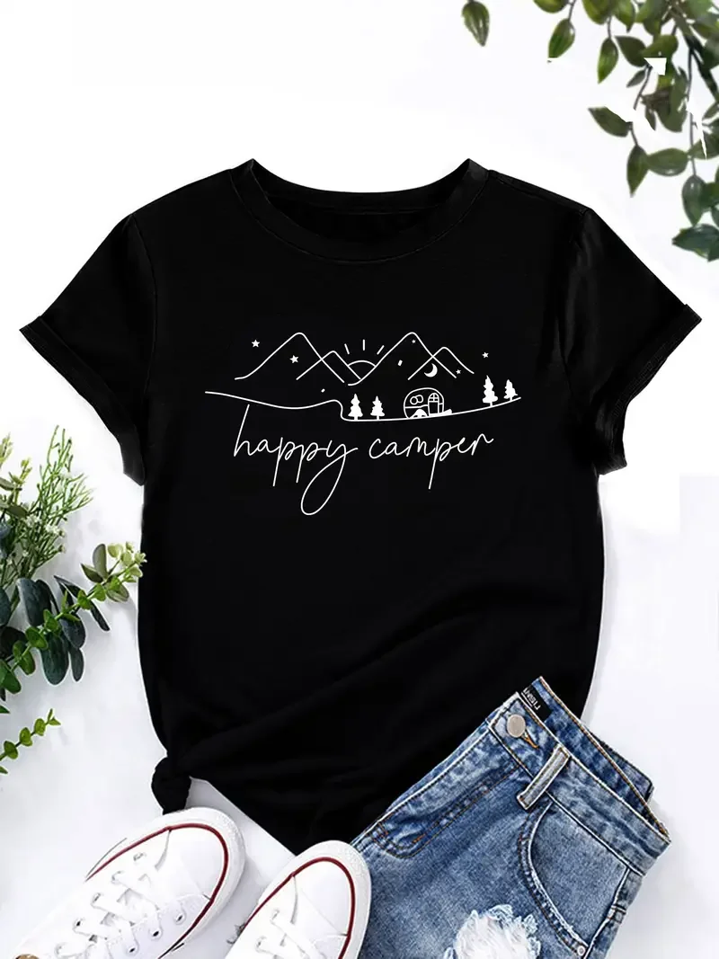 Handdrawn Tree House Travel Women's Summer Fashion T-shirt Happy Camper Print Crew Neck T-shirt