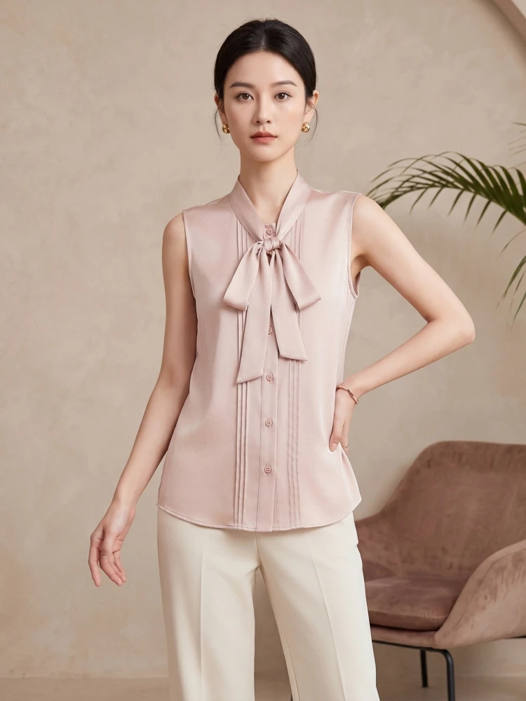 Birdtree, 93% Real Silk 7% Spandex Blouse, Ribbon Sleeveless Shirt, Women Double Qiao Satin Top, French Style, 2026 New T65737JF