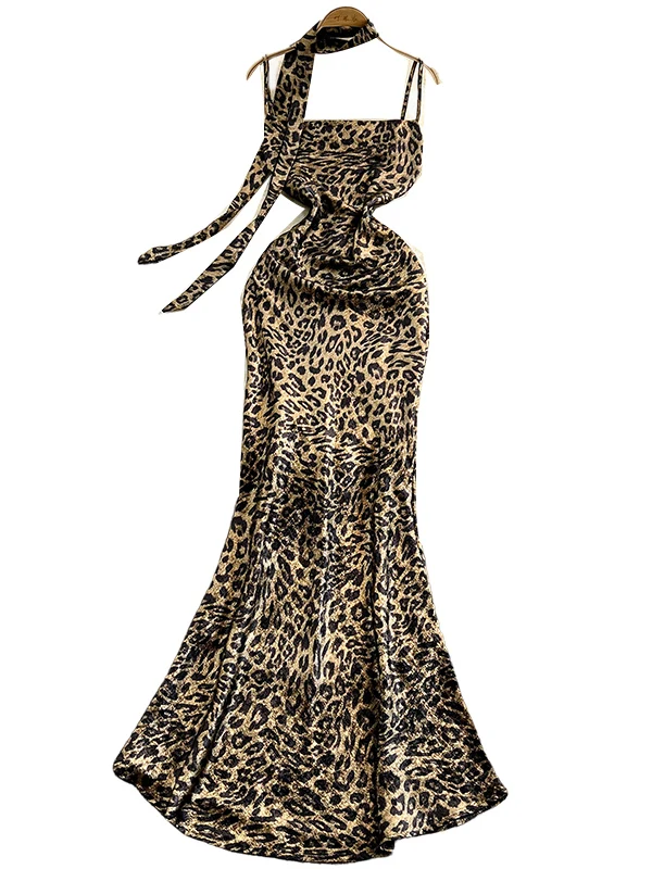 Sexy Bal Strapl Dr Women's Summer New Leopard Print Waist Cinching Slimming Butt Covering Fi Tail Long Dr