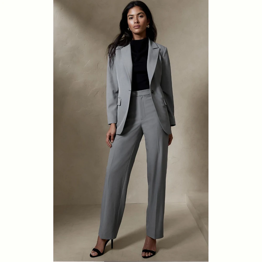 Women's Suit Elegant Grey One Button 2 Piece Jacket Pants Female Clothing Slim Fit Formal Smart Office Lady Banquet Blazer Set