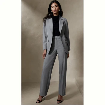 Veste et pantalon moulants pour femme, ensemble blazer élégant, vêtements formels, bureau intelligent, banquet pour femme, gris, 1 bouton, 2 pièces