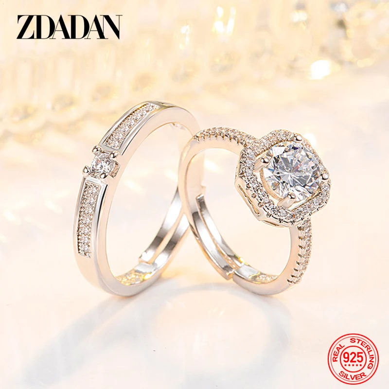 ZDADAN 925 Silver Zircon Couple Adjustable Rings For Women Men Wedding Jewelry