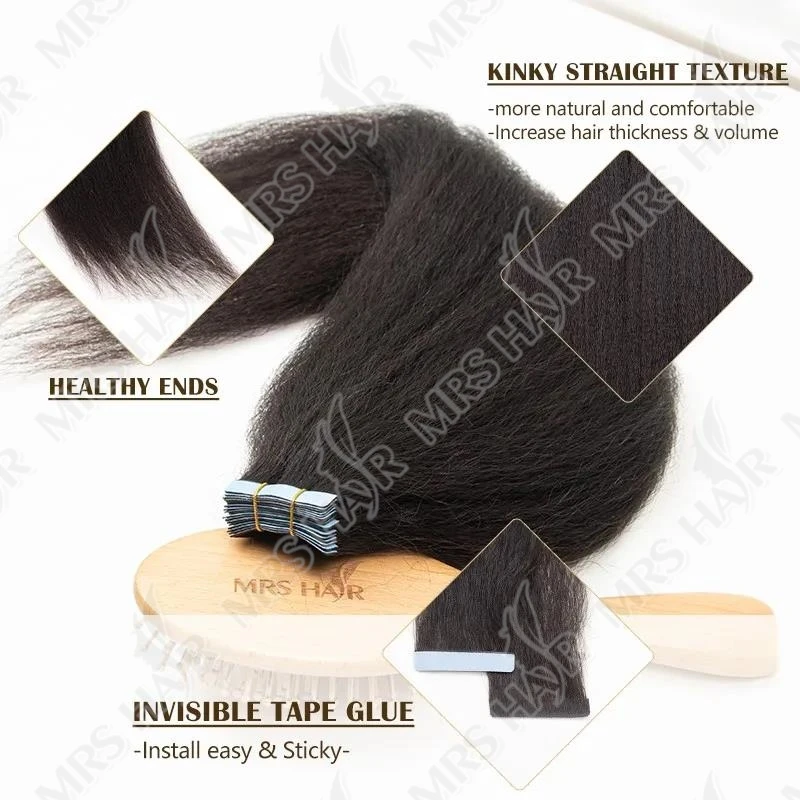 Nastro invisibile nelle estensioni dei capelli Nastro iniettato dritto Yaki dritto/chiaro crespo ins Colla con nucleo nero Remy Senza soluzione di continuità 20 pezzi