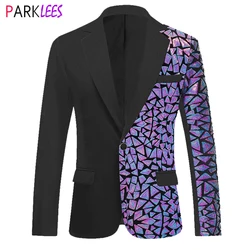 Luxury Purple Laser Sequin Patchwork Blazer Jacket Men One Button Peack Collar Tuxedo Suit Blazer Mens Stage Prom Singer Costume