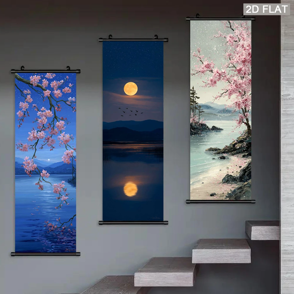 Wall Scroll Tapestry - Moonlight Cherry Blossom Tapestry, Oil Painting