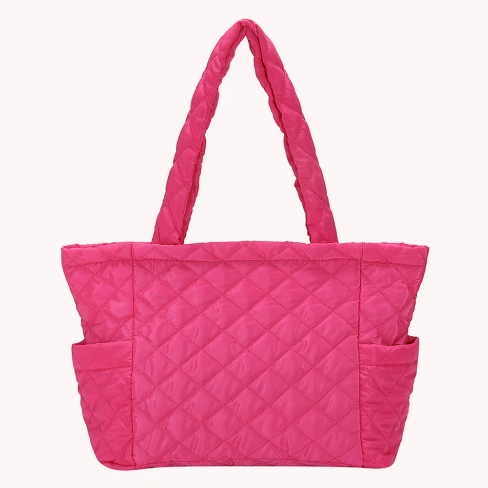 

Autumn Winter Tote Bag Rhombus Pattern Cotton Padded Shoulder Handbags Large Solid Zipper Travel Purse for Women Girl