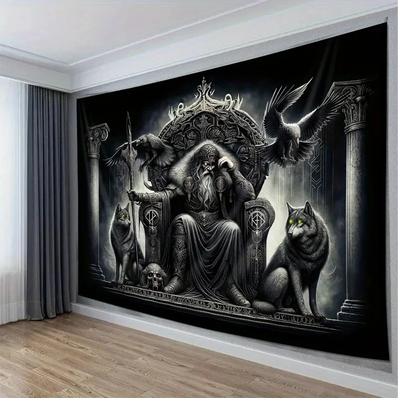 VIKAMA Viking Mythology Wall Tapestry, Odin On Throne Wolves Ravens Dark Art Print Wall Hanging, Gothic Fabric Background Decor