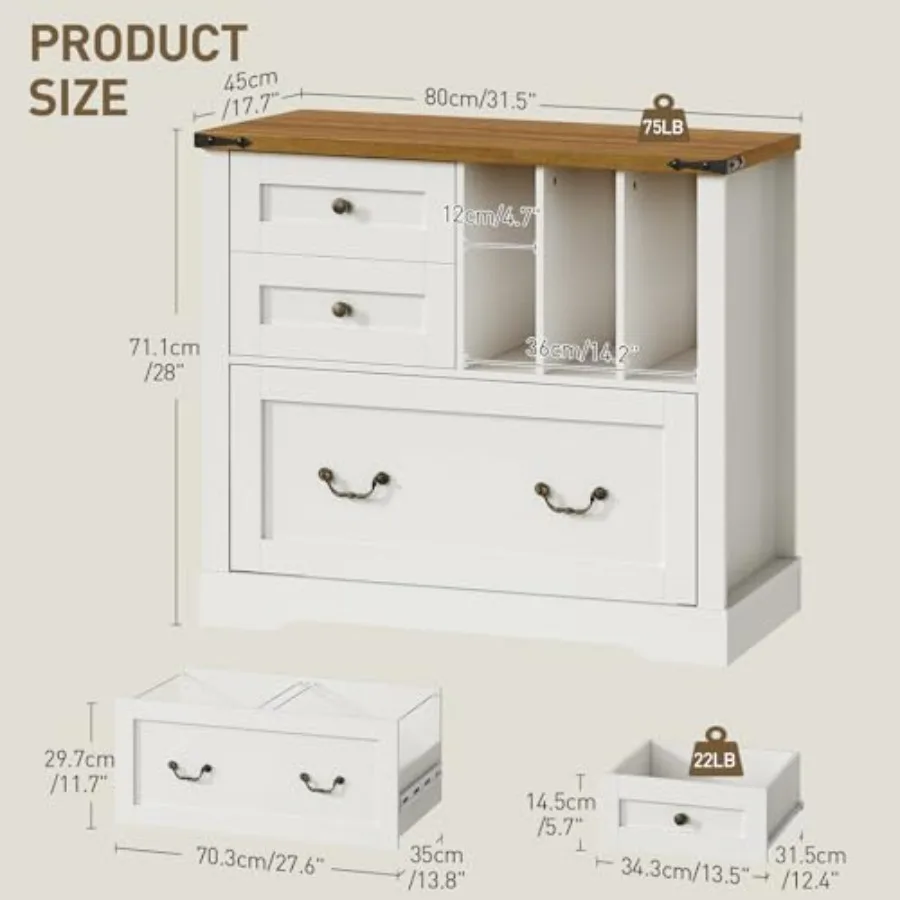 Farmhouse File Cabinet for Home Office, Lateral Filing Cabinet with 3 Drawers and Folder Organizer, Office Storage Cabinet for