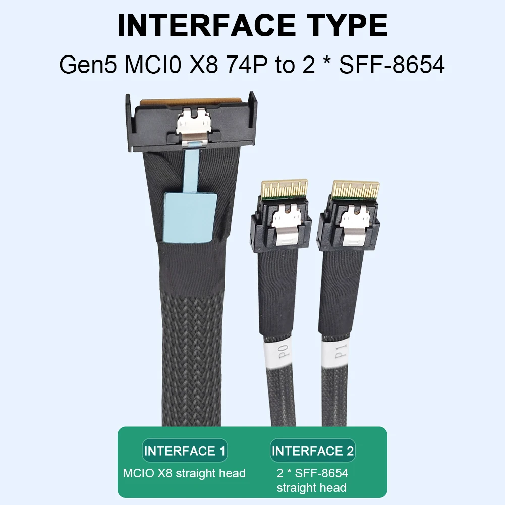 MCIO 8i Slimline SAS To 2 Ports SFF-8654 4i Cable PCIE5.0 Server Connection Cable Male To Male Server High-Speed Adapter Cable