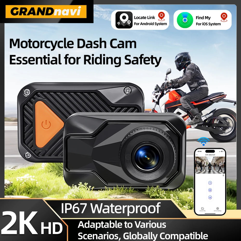 Waterproof Motorcycle Dual 2K DVR Camera Recorder Dash Cam Support Apple Find My&Android Phone Locate WiFi Smart Connect