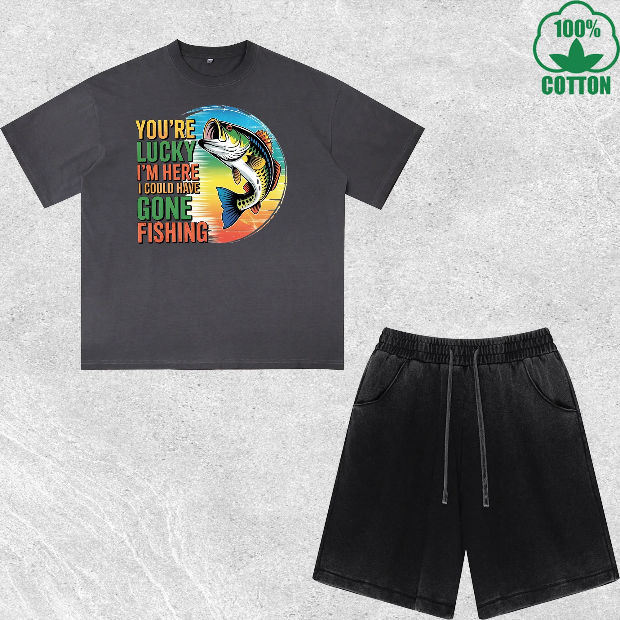 

Fishing Lucky Printed Dirty Wash T-Shirt Shorts Set Multicolor Combo Loose Trendy Fashionable 100%Cotton