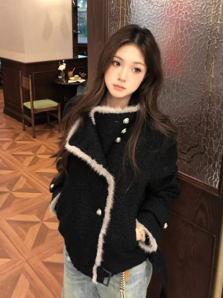 Korean Style Short Stand Collar Woolen Jacket Women's Winter New Loose Fit Patchwork Design Commute Polyester Fiber Coat