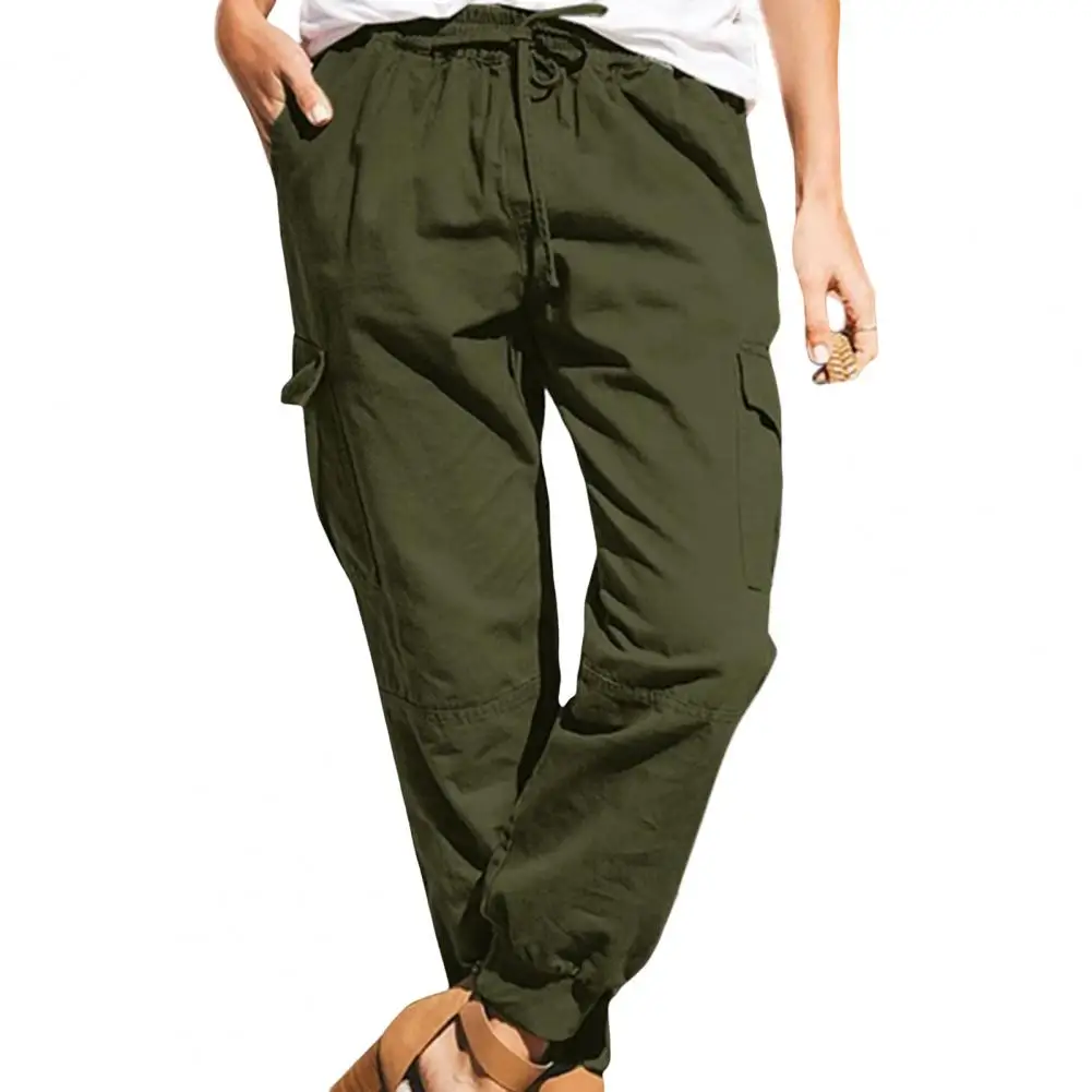 

Women Pants Solid Color Drawstring Summer Elastic Waist Ankle-banded Jogger Pants Multi Pockets Cargo Pants