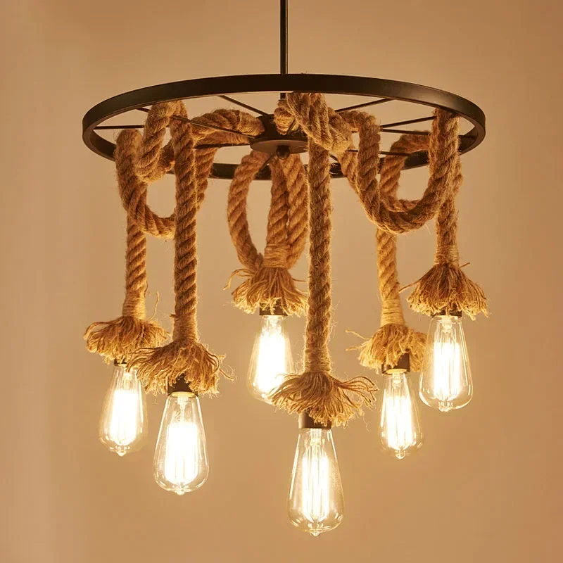 American Country Retro Living Room Bar Restaurant Wheel Hemp Rope Wrought Iron Shop Cafe Club Chandelier