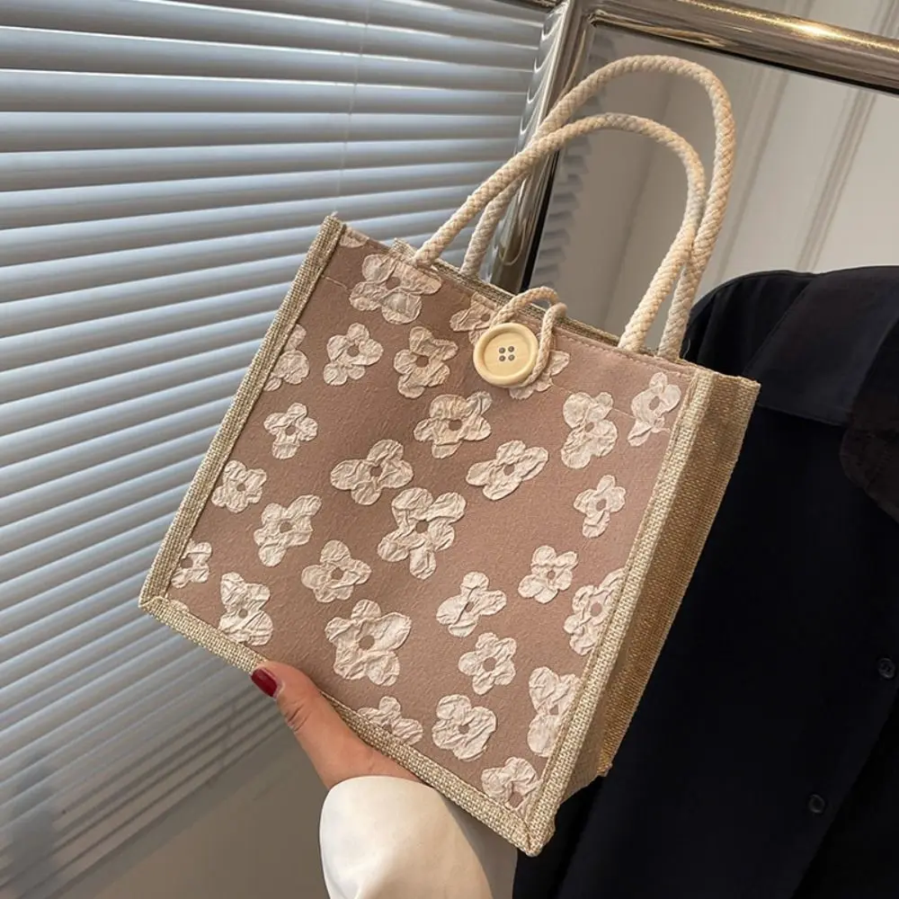 

Small Flower Print Women Handbag Simple Linen Student Style Mini Tote Bag Wrist Bag
