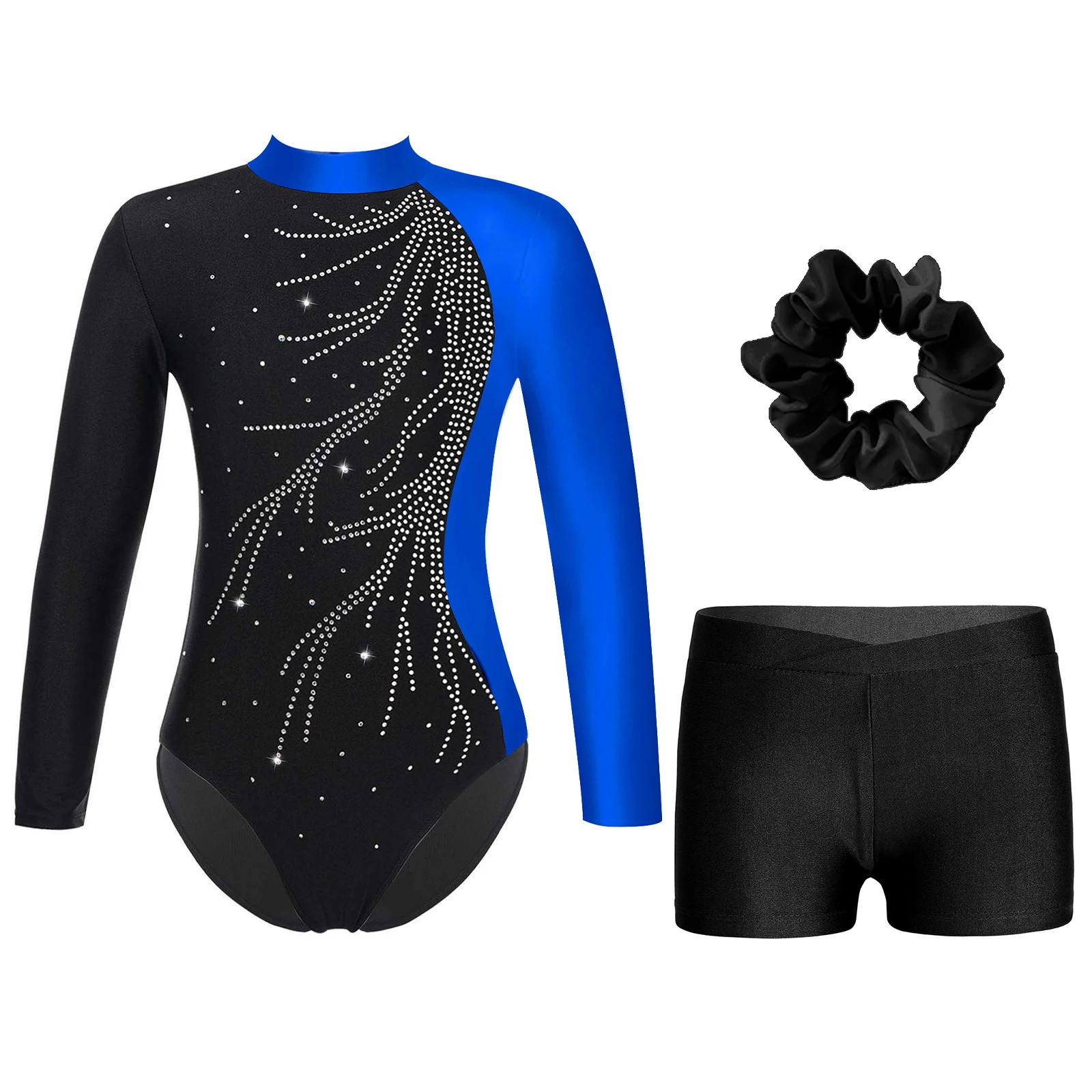 

Kids Girls Leotards Gymnastic Skating Performance Outfit Long Sleeve Unitards Bodysuit Shorts with Hair Band Set Dancer Costumes