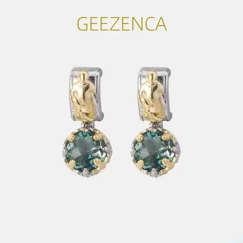 

GEEZENCA Vintage Green Crystal 925 Sterling Silver Dangle Earrings For Women Two Tone Plated Luxury Geometric Dainty Earring