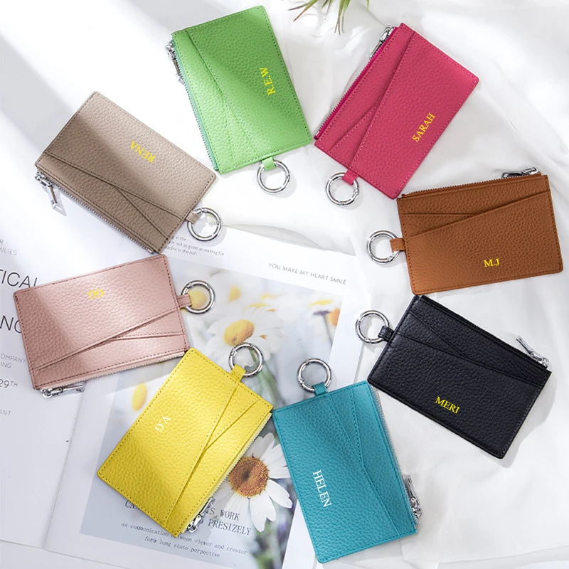 Genuine Leather Custom Initials Card Wallet Cowhide Zip Woman Key-ring Coin Purse Personalized Luxury Design Casual Card Holder