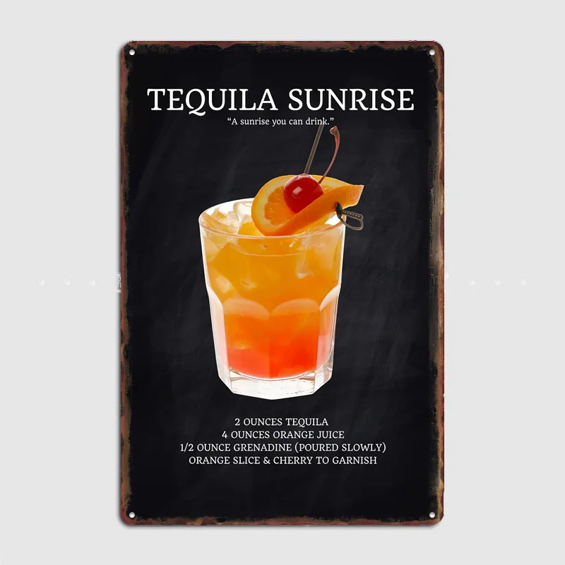 Affiche de recette de cocktail Tequila Sunrise, enseigne métallique rétro personnalisée, décoration pour pub, club, bar, décoration murale intérieure pour la maison