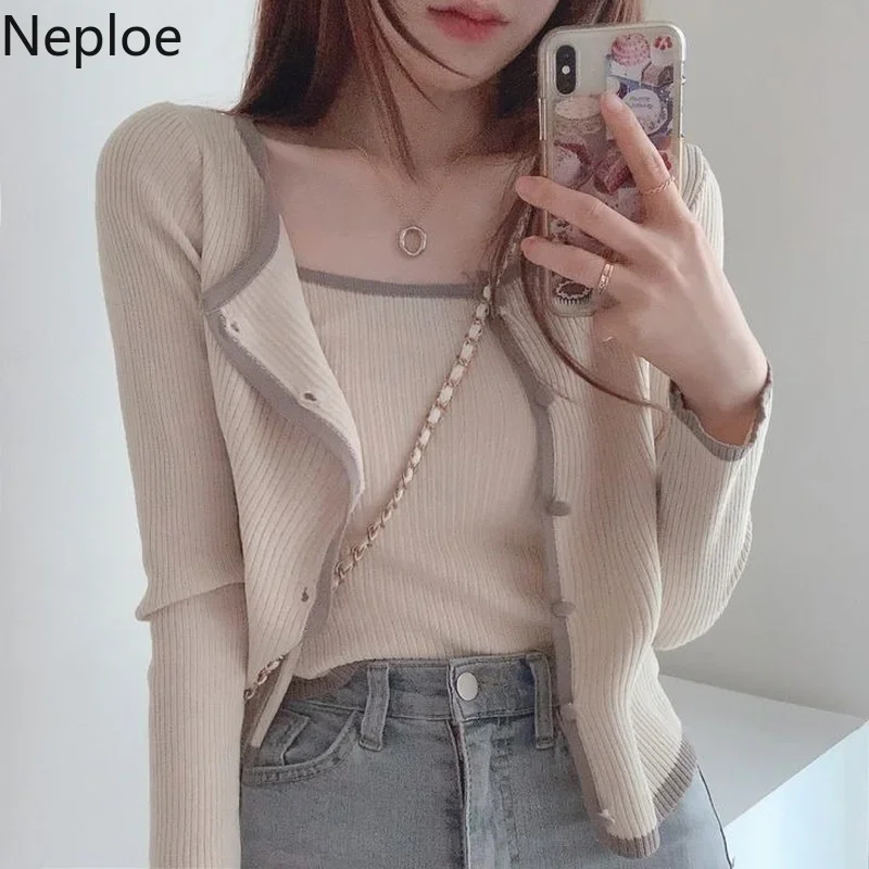 Neploe Fashion Cropped Sweater Korean Y2K Cardigan Two-piece Women Knit Pink Cardigans Patchwork Woman Clothes Pull Femme Sets