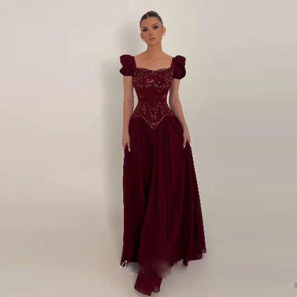 Customized Beading Embroidery Cap Sleeve Prom Dress Sweetheart A Line Formal Occasion Gown Wine Red Arabia Wedding Guest Outfit