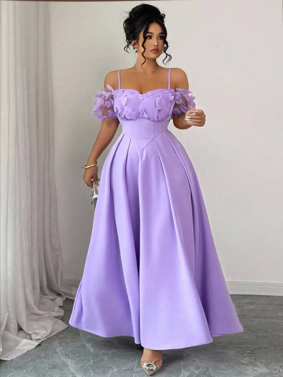 

Lavender Off-Shoulder A-Line Dress with 3D Floral Embellishments and Ruched Waist