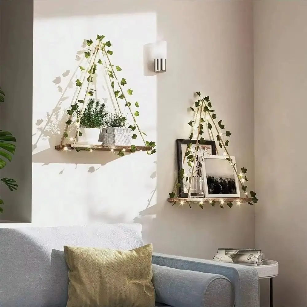 Decor Artificial Ivy Floating Wall Shelf LED Light Hanging Wall Hanging Shelf Floating Wooden Wood Shelf Living Room