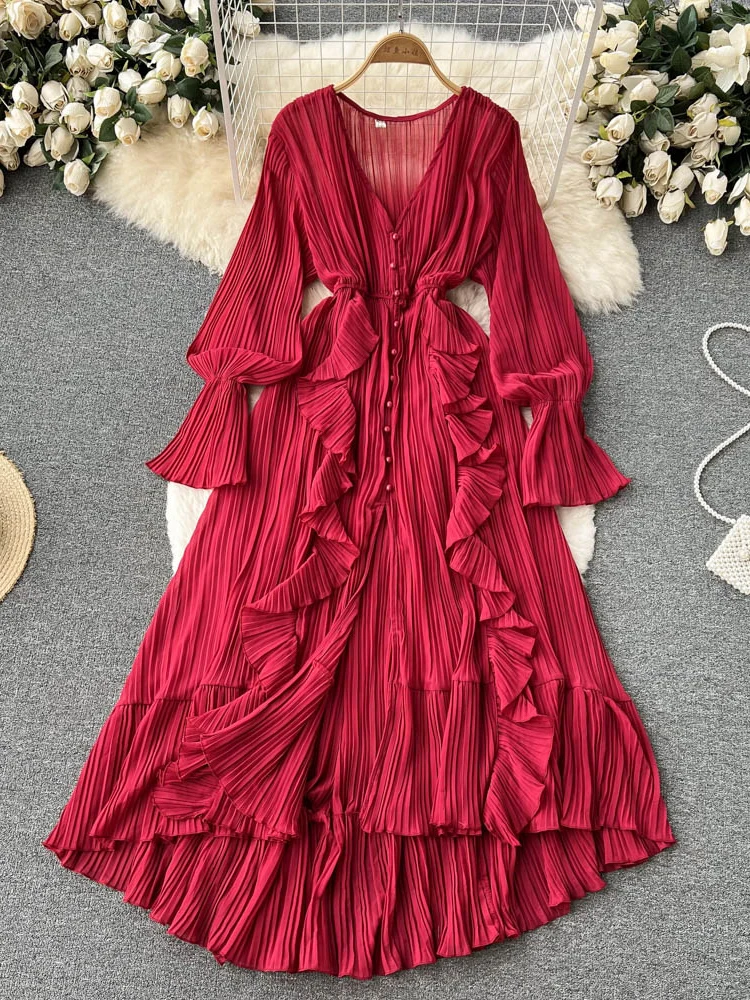 Purple/Brown/Red Chiffon Pleated Long Dress Women Vintage V-Neck Flare Sleeve Draped Ruffle Vestido Female Maxi Robe Spring Fall