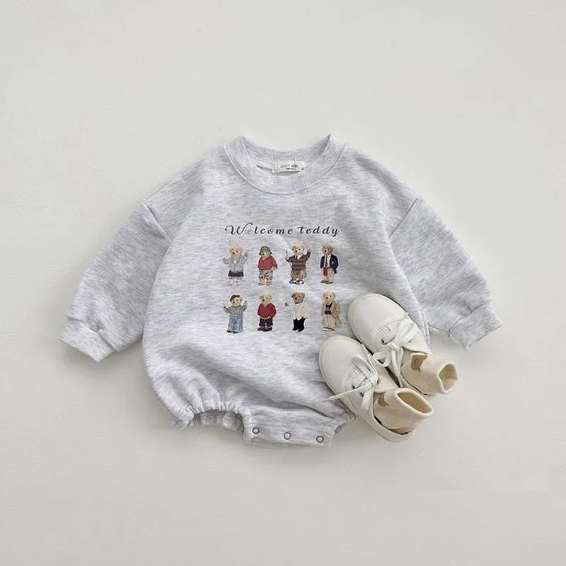 Cute Infant Girl Cartoon Bear Long Sleeves Loose Sweatshirts Bodysuit Fashion Letter Jumpsuit Baby Boys Comfortable Clothes