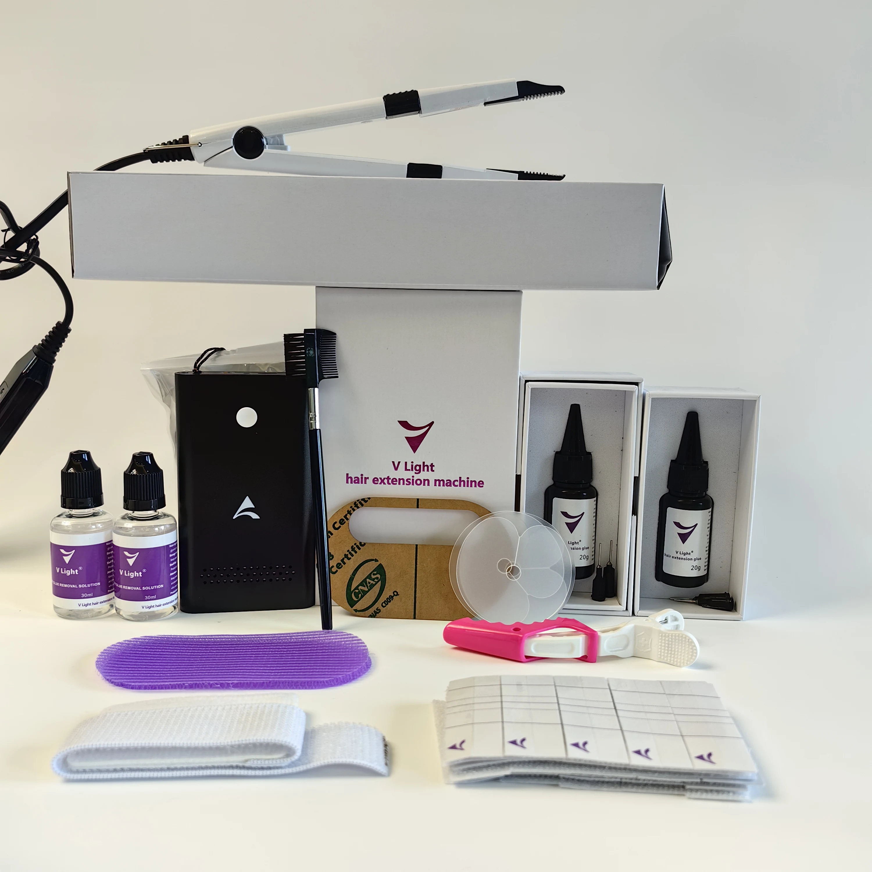 El juego de extensiones de cabello con tecnología v-light más caliente de 2024, con un juego de adhesivos sin costuras, herramientas de extensión de cabello, tecnología v-light