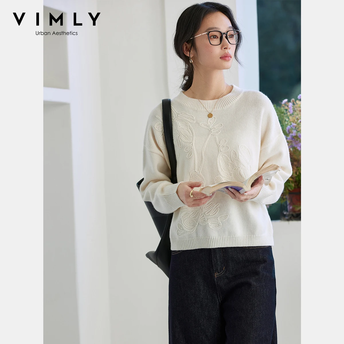 

Vimly Women's Solid Color Sweater 2025 Floral O-neck Crochet Knit Sweater Dropped Shoulder Sleeve Casual Pullover Tops 73898