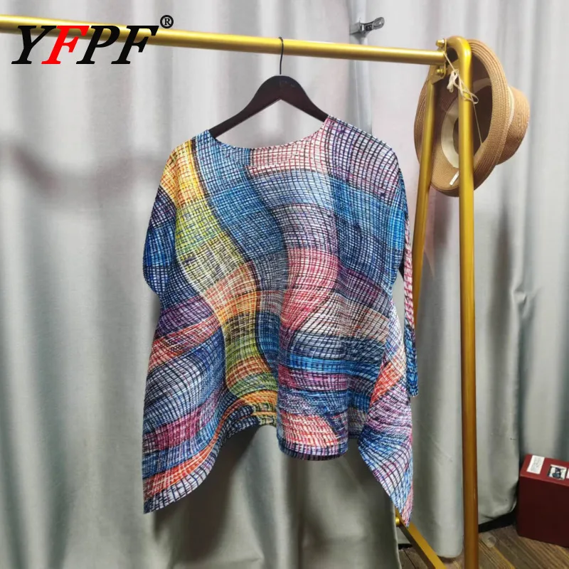 

YFPF Miyake плиссированные женские блузки, топы, красочные полосатые принты, свободные пуловеры с круглым вырезом, топы, уличная одежда, новая одежда