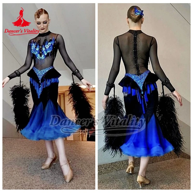 Ballo da sala Blu-nero Fianchi avvolti Lussuosi abiti in pietra AB Donne adulte Valzer Esegui abbigliamento Personalizza la vitalità del ballerino