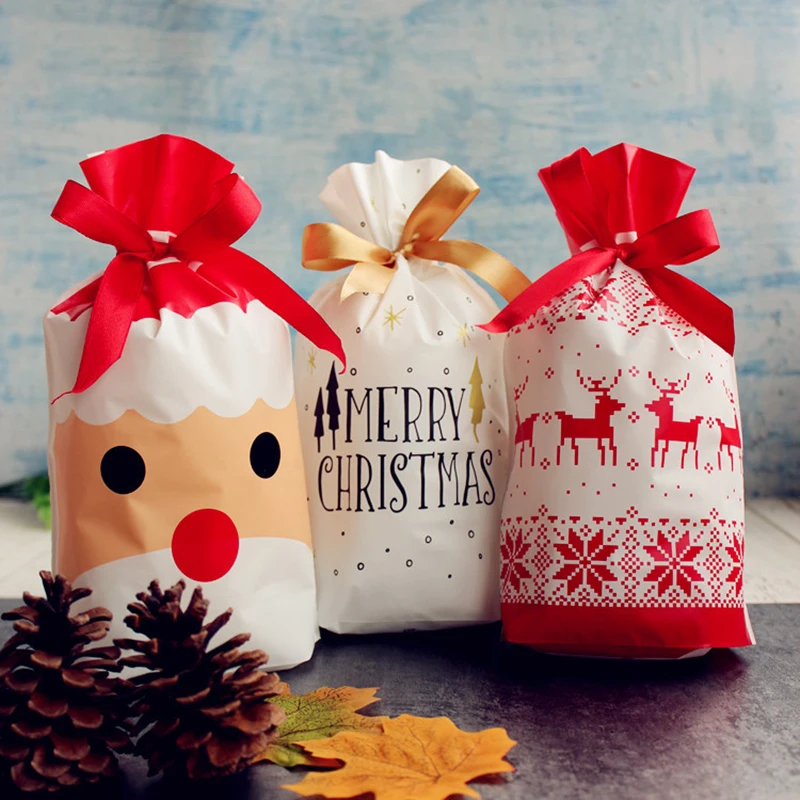 5/10pcs Christmas Gift Bags Drawstring Candy Bag Christmas Tree  Santa Claus Packing Bags Happy New Year Decorations