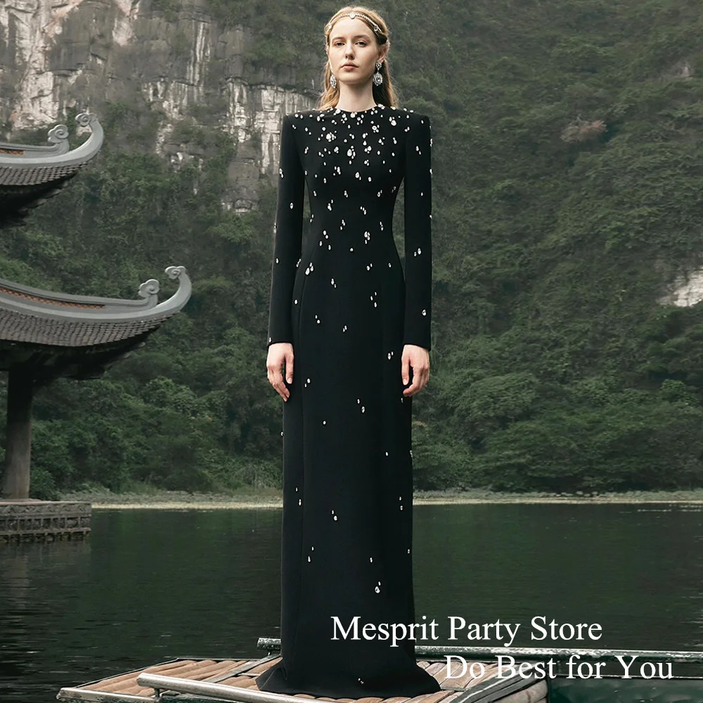 Black Evening Dresses Round Neck Full Sleeves High Qualtiy Crystal Rhinestones Floor Length Saudi Arab Prom Dress Party Gown