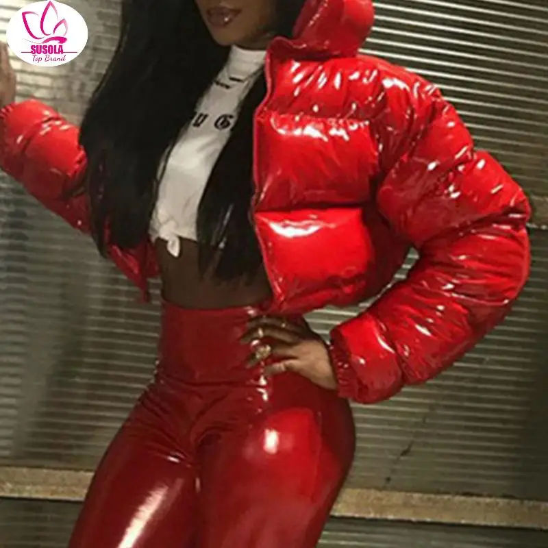 Women Winter Long Sleeve Zipper Puffer Jacket Stand Collar Shiny Metallic Faux Leather Cropped Puffy Bubble Coat Quilted Parkas