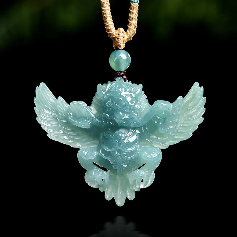 Real Natural Emerald Jade Blue Water Garuda Roc Pendant Necklace Carved Charm Jadeite Jewelry Fashion Amulet Gifts Certificate
