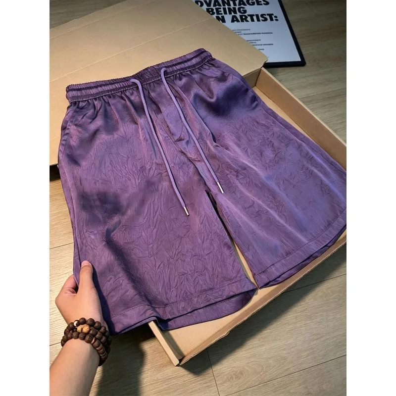 Glossy Fabric Satin Shorts for Men Vintage Jacquard Drawstring Baggy Middle Pants Straight Premium Cooling Comfortable Shorts