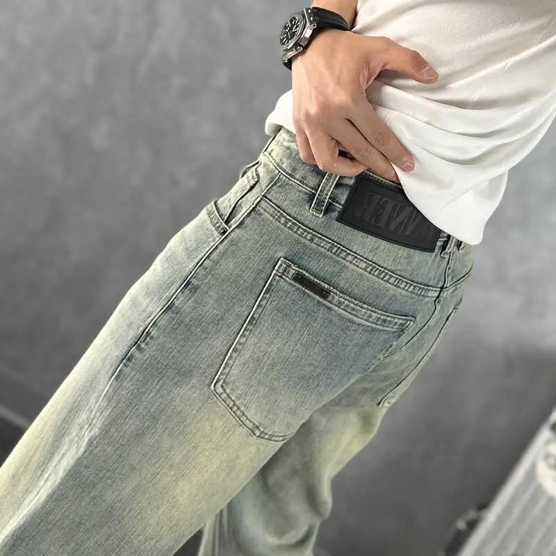 2024 Summer Men's Washed Jeans Blue Trendy Men's Long Pants Slightly Wide Mid-waist Elastic Straight Casual Pants Low Rise Jeans