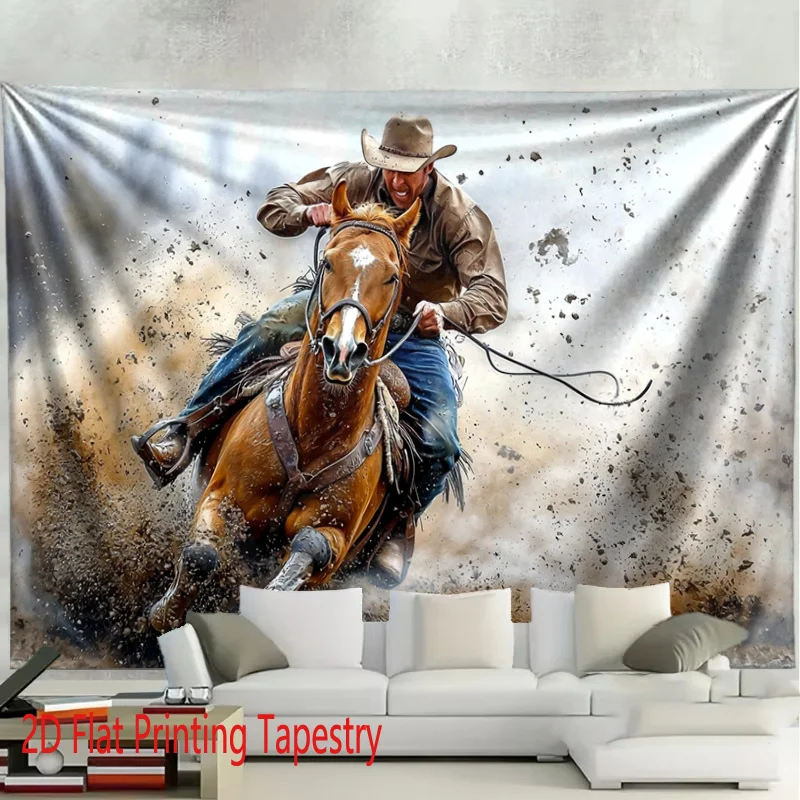 Western Cowboy Horse Tapestry Canvas Wall Decor Art for Living Room Bedroom Rustic Rodeo Style Large Print 180x280cm