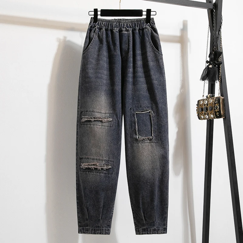 

Женские джинсы больших размеров, осень 2025 г., новые джинсовые шаровары с высокой эластичной резинкой на талии для женщин, свободные джинсы большого размера в корейском стиле, женские