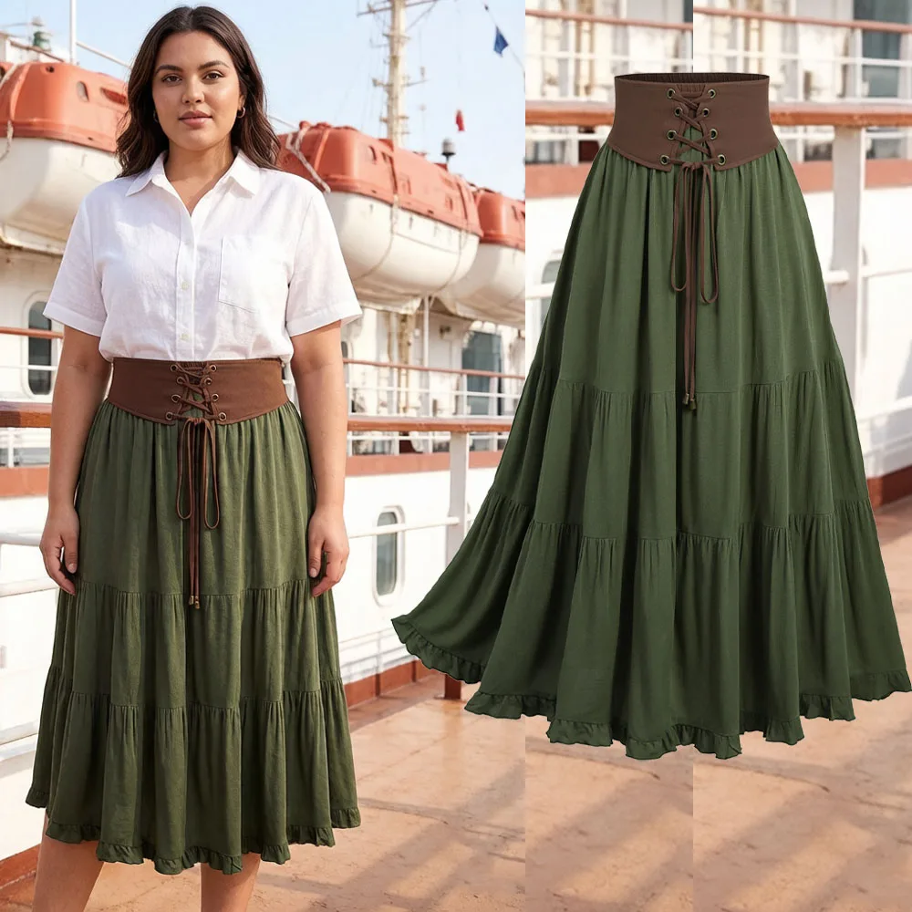 Plus Size Women's Skirts Grommets Lace Up Waist Ruffles Daily Casual Midi Bottoms Skirt Deep Green
