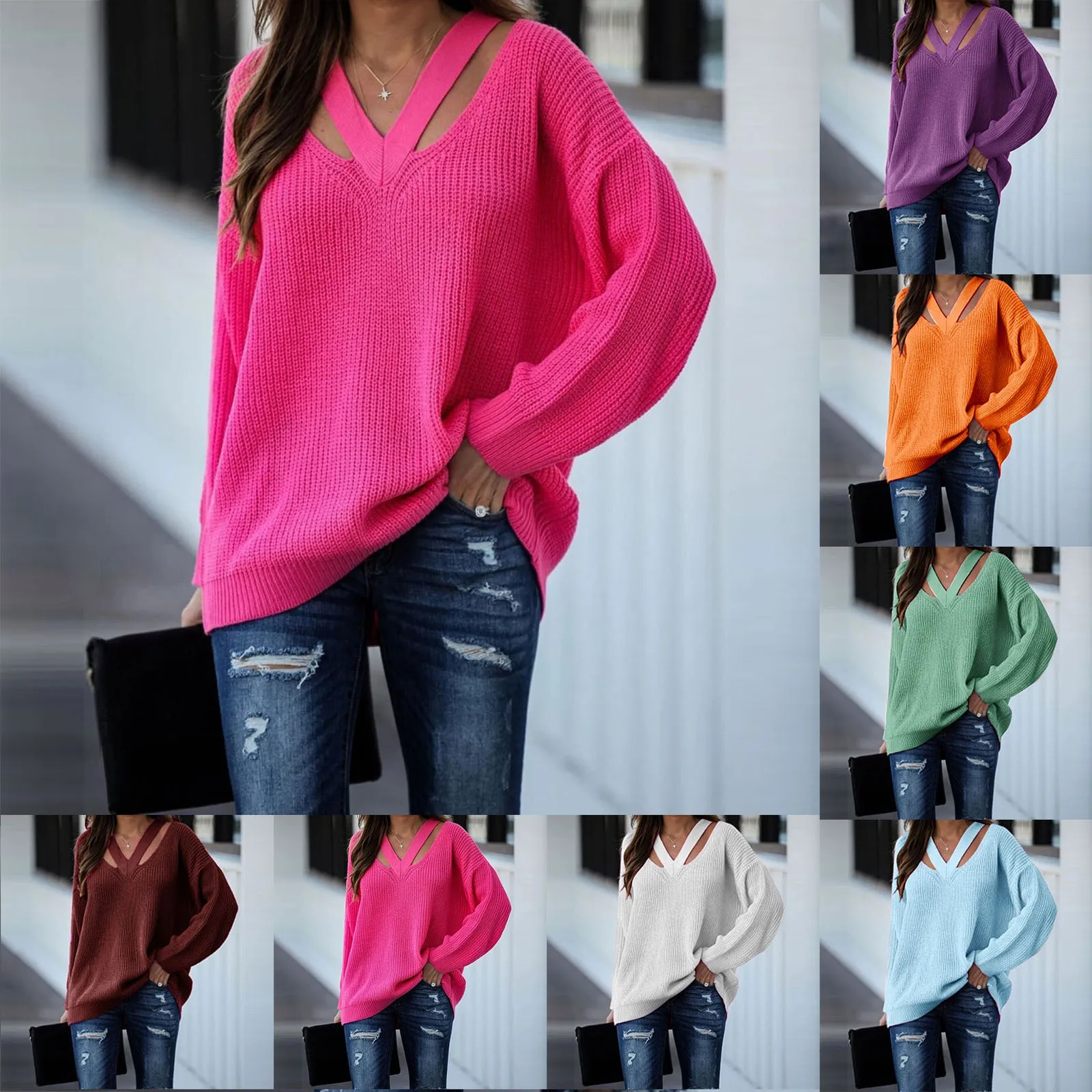 Womens V Neck Oversized Fall Sweater Sexy Long Sleeve Knit Pullover Top