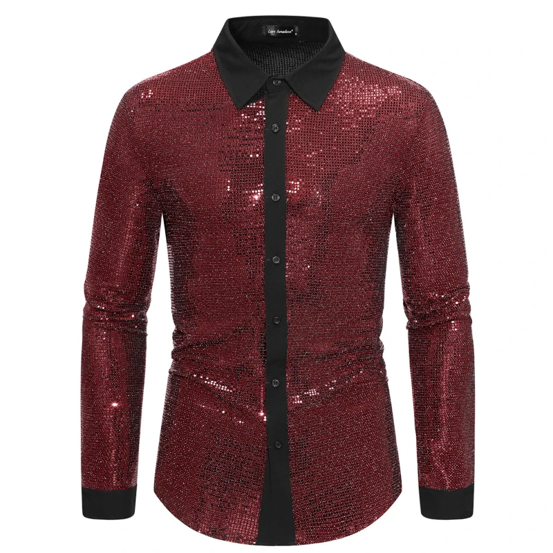 2024 New Fashionable Simple Shining Gold Plated Mens Shirts, Sequin Flip Collar Long Sleeve Color Blocked Camisa, Eur Size S-2XL