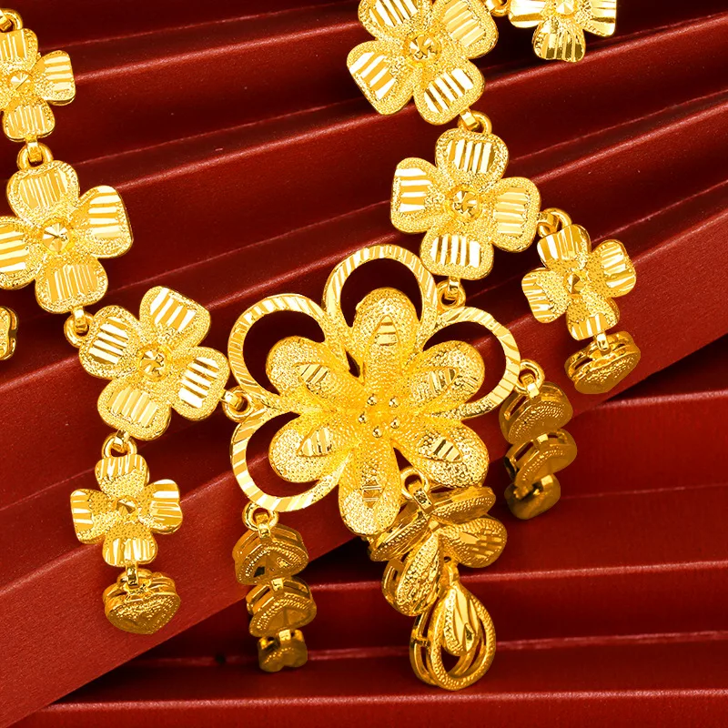 24K real gold  9999 yellow gold Women\'s Wedding Necklace Flower Necklace Wedding Set Chain Ethnic Style Vintage Hollow