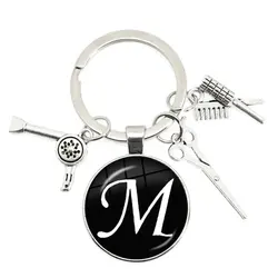 Hairdressing Tools Pendant Keychain 25mm Glass Dome A-Z 26 Letters Hair Drier Charm Key Rings Jewelry for Barber Gift