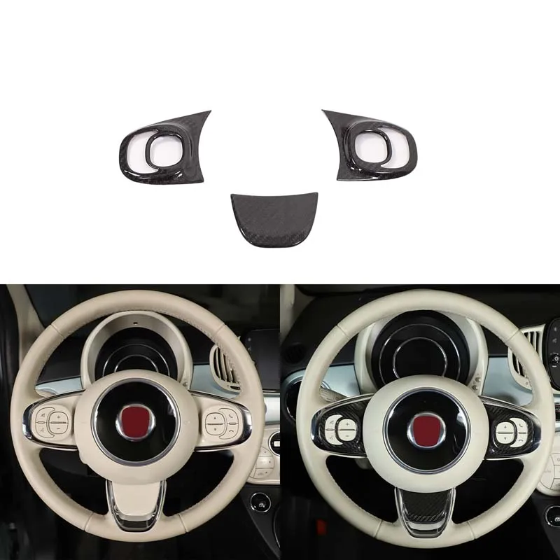لشركة فيات 500 2016-2024 عجلة القيادة مفتاح الإطار عجلة القيادة شعار غطاء الزخرفية اكسسوارات السيارات الديكور صحيح ألياف الكربون #3