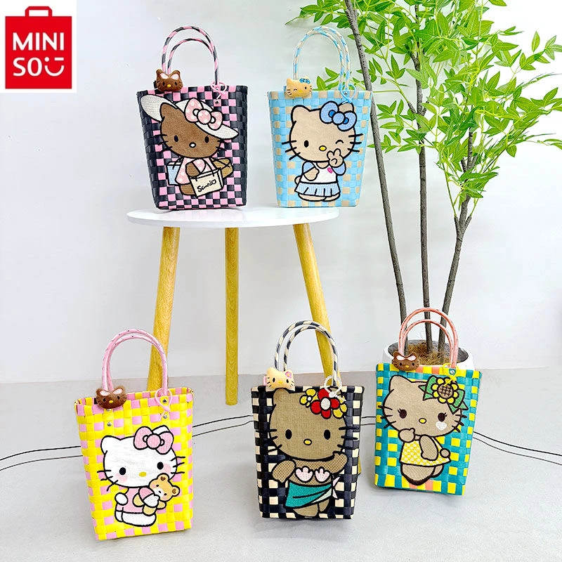 MINISO Hello Kitty Academy Fashion Woven Basket Bag for Students Large Capacity Storage Outdoor Versatile Beach Bag