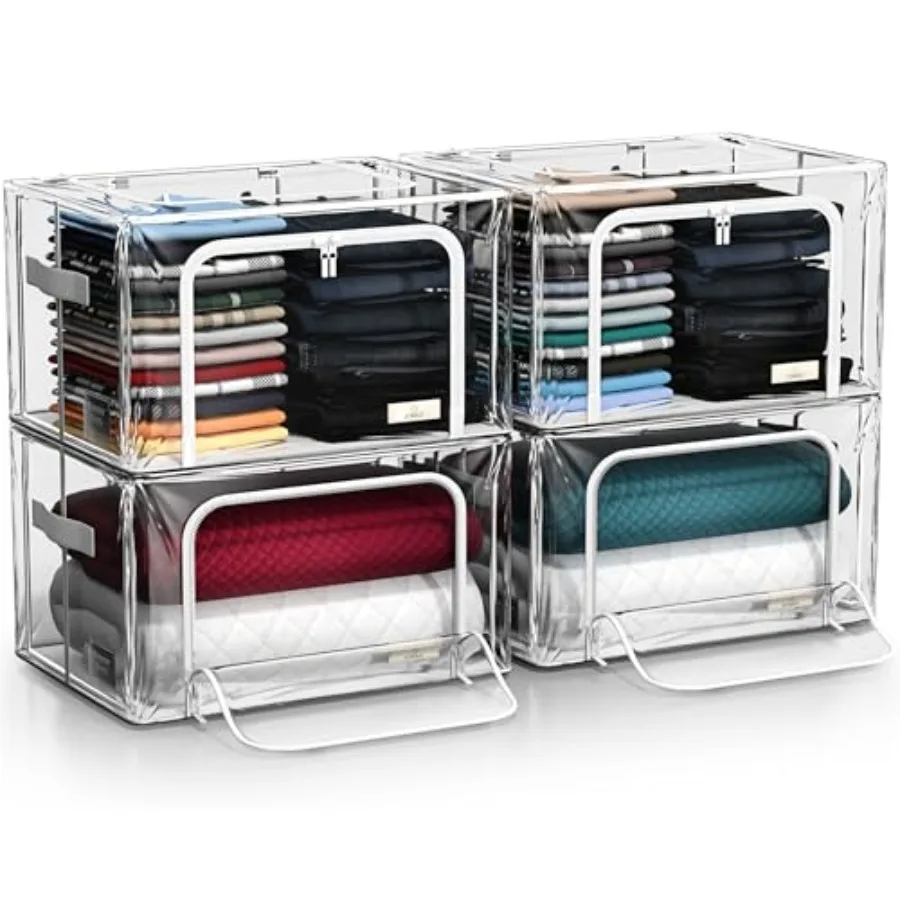 

Storage Bins with Metal Frame - Stackable and Foldable Clothes Organizer Bags - Clear Soft Plastic Storage Containers